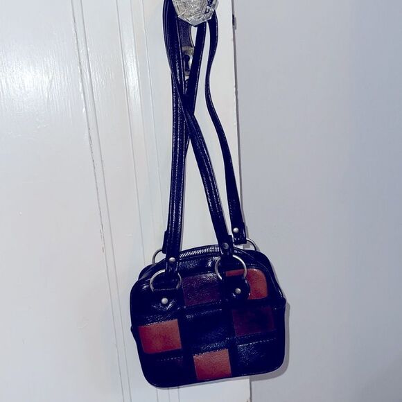 Vtg 70s Sirco Corporation Black, Tan and Brown Vinyl Square  Design Small Purse - Picture 2 of 8